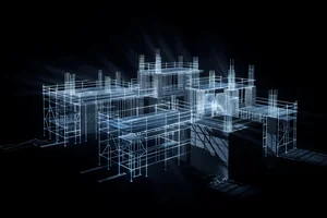 A luminous construction scaffold of light assembling a structure in the dark, evoking a site rebuilt by an AI agent