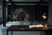 Recursive DevOps blog hero. A ring of brass gears turning inside concentric rings, driven by a robotic arm beside an open engineering notebook and server racks, a system improving the system.