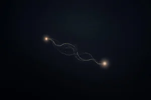 Two glowing minds joined by a luminous field of language, currents of words passing between them, illustrating rhetoric as the physics of other minds