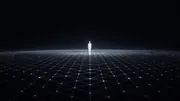 A calm figure standing on a luminous lattice of fine structure that descends into the dark below, the formal floor beneath orientation inside complexity.