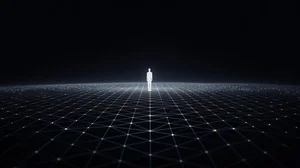 A calm figure standing on a luminous lattice of fine structure that descends into the dark below, the formal floor beneath orientation inside complexity.