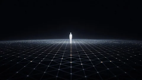 A calm figure standing on a luminous lattice of fine structure that descends into the dark below, the formal floor beneath orientation inside complexity.