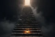 A long staircase of stone steps rising out of dark fog toward a warm opening above, a single lantern resting at the threshold.