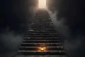 A long staircase of stone steps rising out of dark fog toward a warm opening above, a single lantern resting at the threshold.
