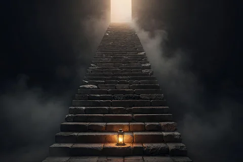 A long staircase of stone steps rising out of dark fog toward a warm opening above, a single lantern resting at the threshold.