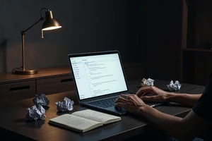 The Cognitive Cost of Modern Software Engineering blog hero. Hands typing on a laptop full of code in a dim room, crumpled paper and an open notebook scattered across the desk, the work moved from the hands to the head.
