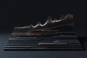 A topographic map of altitude bands dissolving into a glowing sound waveform