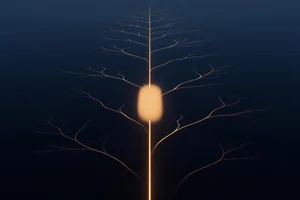 A single straight line of warm amber light running vertically through deep indigo dark, with thin glowing branches forking off it on both sides and one soft pool of light glowing at its center.