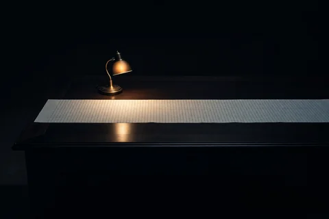 A long sheet of blank ruled ledger paper under a small warm desk lamp, most of its length fading into deep shadow.