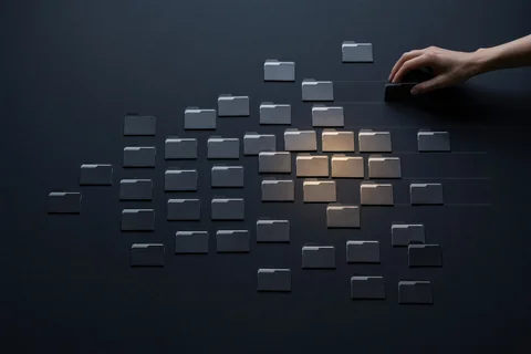 An overhead view of dozens of small folders scattered across a dark surface, most dim and one cluster lit warm, as a hand sorts them into three labeled lanes.