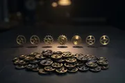 Seven distinct gears arranged in one lit row on a dark workbench, lifted from a shadowed heap of identical-looking gears
