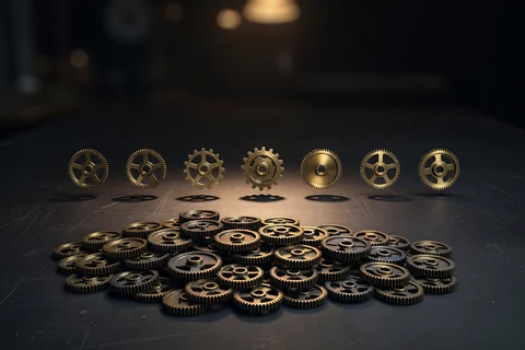 Seven distinct gears arranged in one lit row on a dark workbench, lifted from a shadowed heap of identical-looking gears