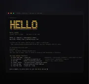 A terminal window showing hello.sh: a gold HELLO banner in block-letter ASCII art, then a greeting, hello, joshua, the day's decan, the systems' status, and a numbered menu of the loop's next moves.