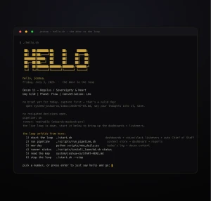 A terminal window showing hello.sh: a gold HELLO banner in block-letter ASCII art, then a greeting, hello, joshua, the day's decan, the systems' status, and a numbered menu of the loop's next moves.