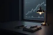 A dim desk at night with a face-down phone and a closed notebook, the cold glow of a market chart reflected in the window