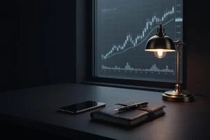 A dim desk at night with a face-down phone and a closed notebook, the cold glow of a market chart reflected in the window