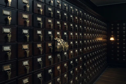 A dark archive of labeled card drawers, each lock holding a single brass key, one drawer crowded with a dozen keys