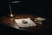 An analog stopwatch resting on a paper practice exam sheet beside a stack of index cards, on a dim desk lit by one warm lamp