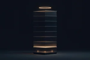 A tall cross-section of a dark tower lit floor by floor, a single glowing line between two nodes at the foundation and one ring of light at the roof