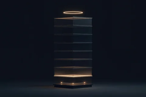 A tall cross-section of a dark tower lit floor by floor, a single glowing line between two nodes at the foundation and one ring of light at the roof