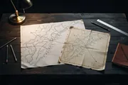 A hand-drawn map on a desk under a warm lamp, overlapped by an older printed chart of the same coastline, their lines aligning