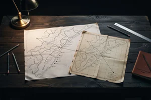 A hand-drawn map on a desk under a warm lamp, overlapped by an older printed chart of the same coastline, their lines aligning