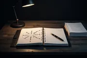 An open binder on a dark desk under one warm lamp, a hand-drawn ring diagram on the left page and a pen resting in the wide right margin