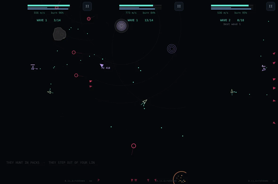 Three phone screens of 7helm in portrait: wave 1 with hunters coming in from the right, a pass near a planet, and the start of wave 2