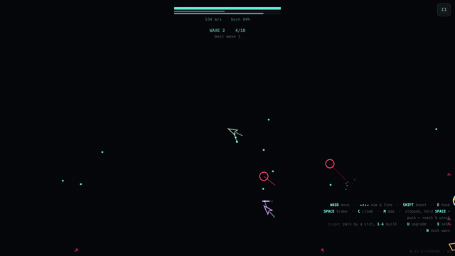 Eight seconds of 7helm: a teal ship and a violet wingman fighting red hunters in wave 2, with small rounds crossing the dark field