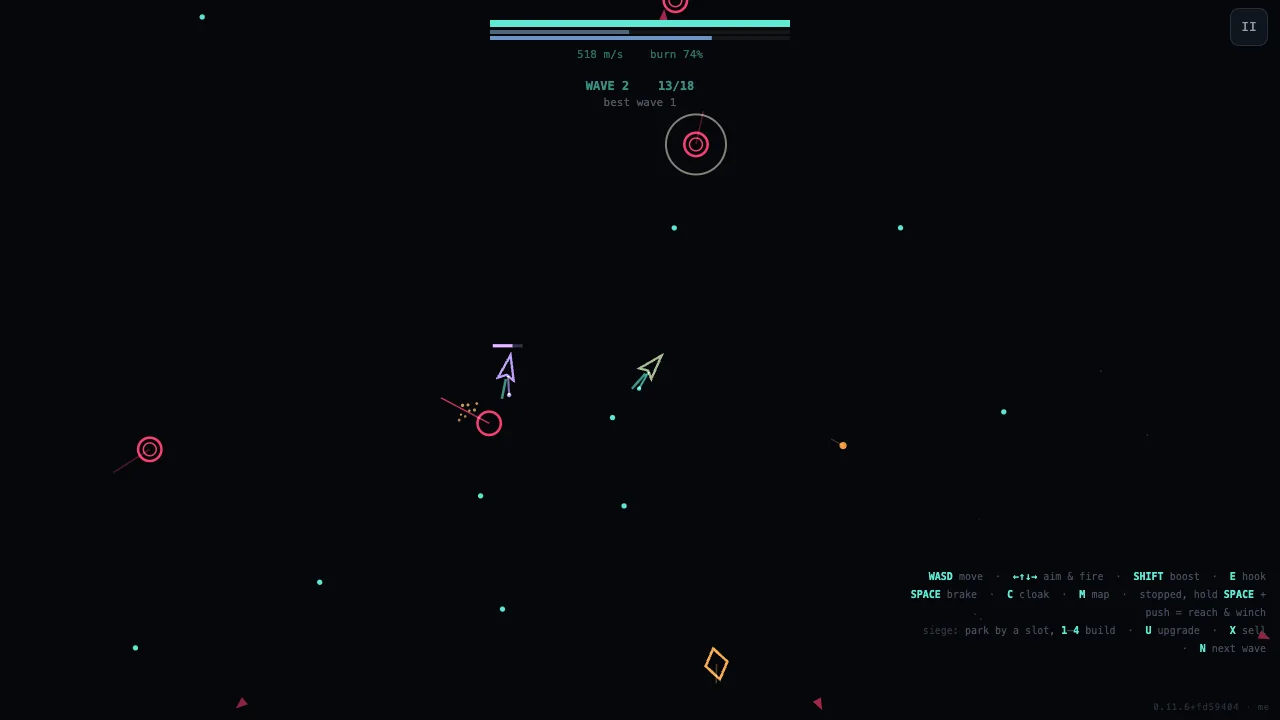 Wave 2 of a skirmish: a hunter at the top of the field with a pale ring around it, the warning that it is about to fire, while the teal ship and its violet wingman close in