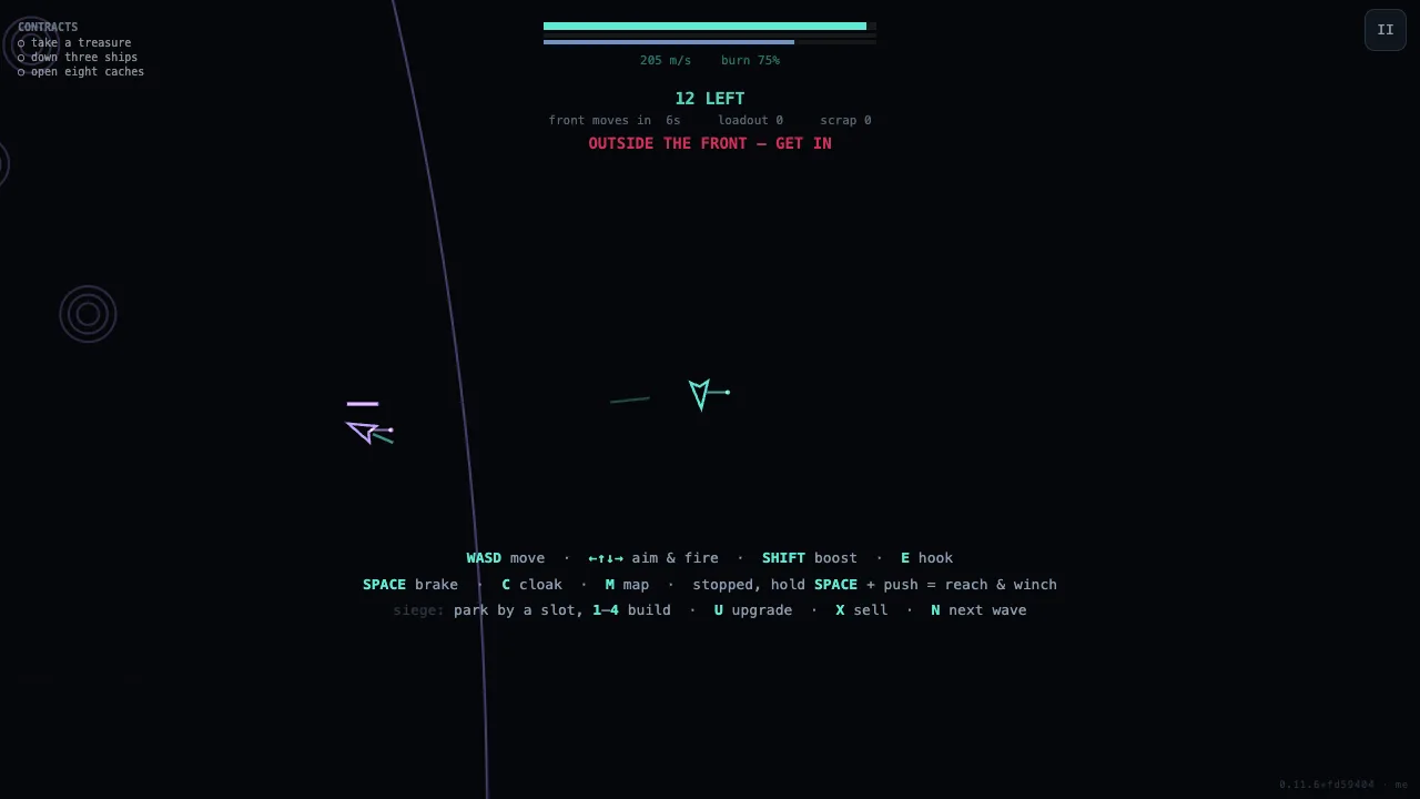 The Fall: twelve ships left, a violet arc marking the closing front, and a red warning that the player is outside it