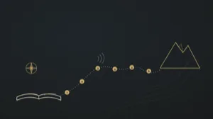 A hand-drawn map on dark paper: a dotted route climbs from an open book past six numbered waypoints toward a mountain range, a compass rose beside the book