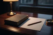 A closed old book on a wooden desk at dusk, a blank sheet and a pencil beside it, a brass compass at the edge under a warm lamp