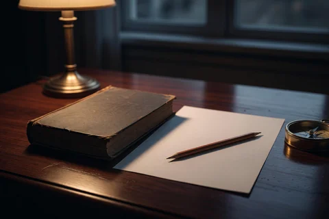 A closed old book on a wooden desk at dusk, a blank sheet and a pencil beside it, a brass compass at the edge under a warm lamp