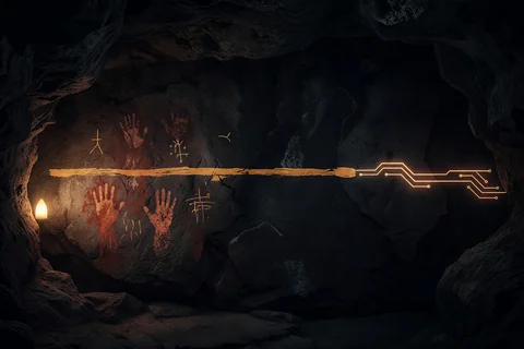 Red ochre hand stencils on a dark cave wall, with one painted line that turns into a glowing circuit trace