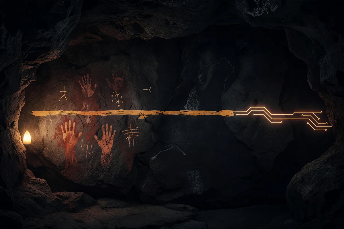 Red ochre hand stencils on a dark cave wall, with one painted line that turns into a glowing circuit trace