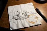 A paper napkin on a desk with an ink doodle: a stick figure at a ship's wheel and a small robot holding a lantern, sailing in a boat made of an open book, a coffee ring beside them