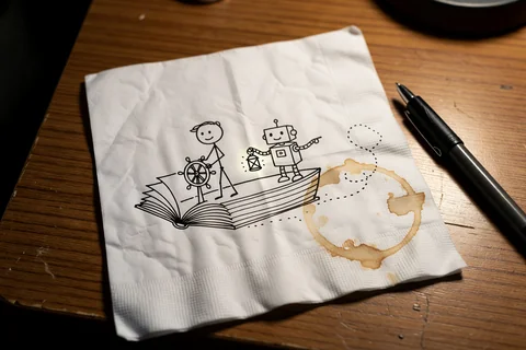 A paper napkin on a desk with an ink doodle: a stick figure at a ship's wheel and a small robot holding a lantern, sailing in a boat made of an open book, a coffee ring beside them