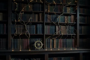 A dim library at night. One plain shelf runs under all the bookshelves and holds them up, dark roots and thin threads of warm light rise from it into the shelves above, and a small brass ship's wheel rests on it.