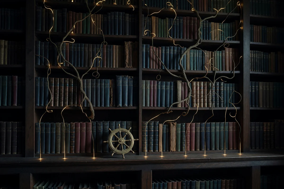 A dim library at night. One plain shelf runs under all the bookshelves and holds them up, dark roots and thin threads of warm light rise from it into the shelves above, and a small brass ship's wheel rests on it.