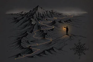 A hand-drawn map on dark paper: the dotted route crosses a ridge and winds on past numbered waypoints, a small figure with a lantern looking back along the path