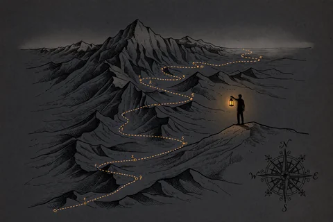 A hand-drawn map on dark paper: the dotted route crosses a ridge and winds on past numbered waypoints, a small figure with a lantern looking back along the path