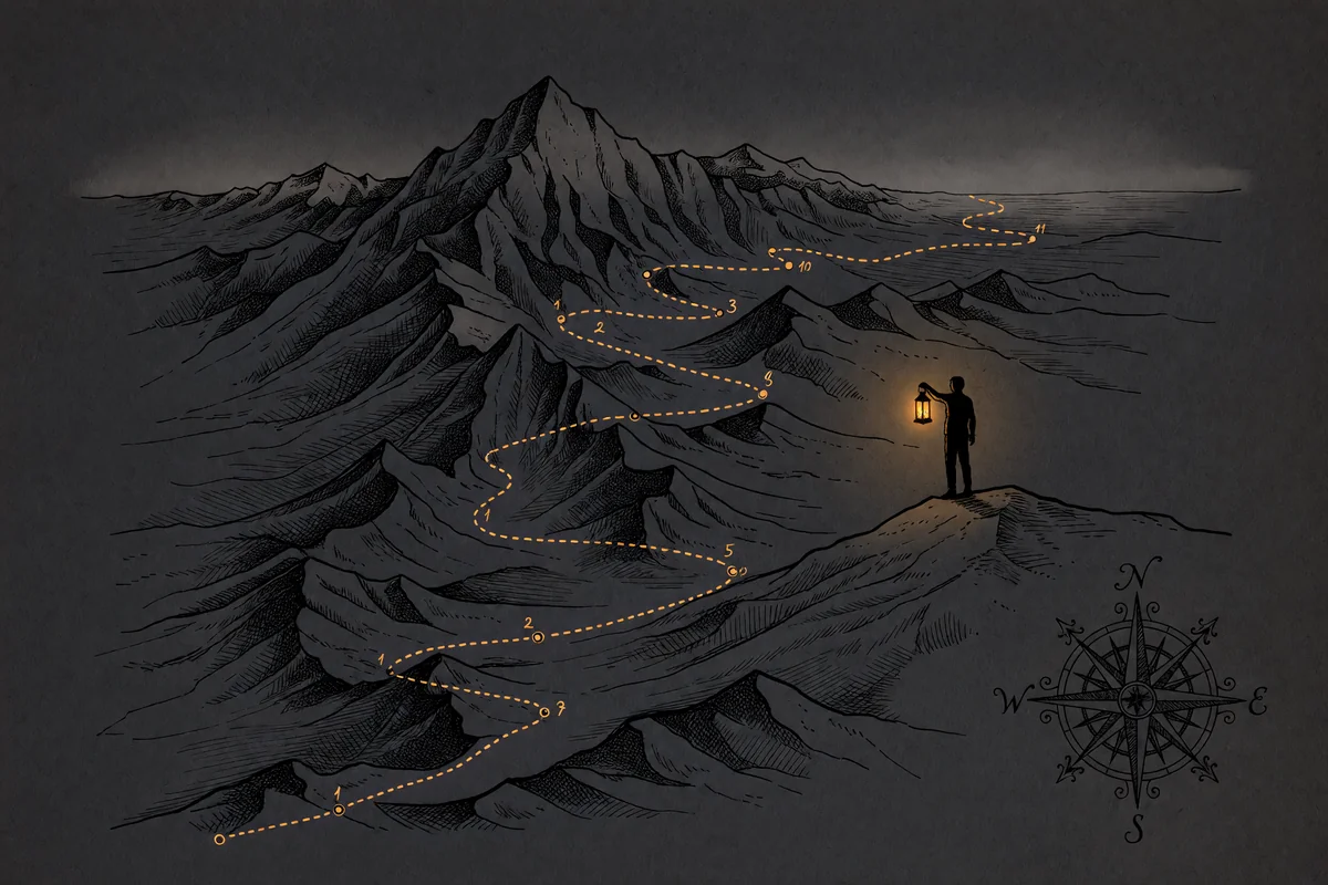 A hand-drawn map on dark paper: the dotted route crosses a ridge and winds on past numbered waypoints, a small figure with a lantern looking back along the path