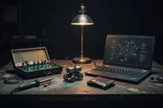 A late-night workbench under one warm lamp: an opened radio, a small homemade robot with copper antlers beside a wallet, and a laptop glowing with a network diagram