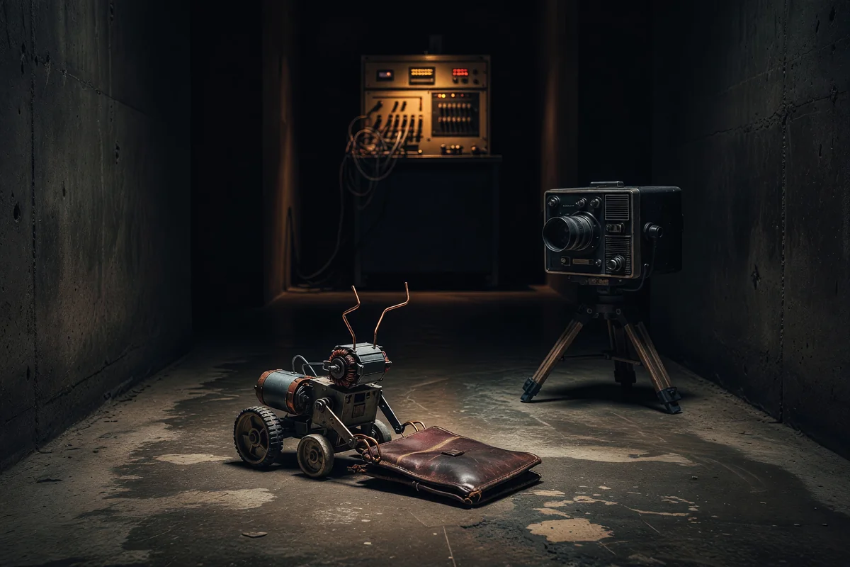 A small homemade robot with copper antlers beside a wallet on a dim lab floor while an old television camera on a tripod watches