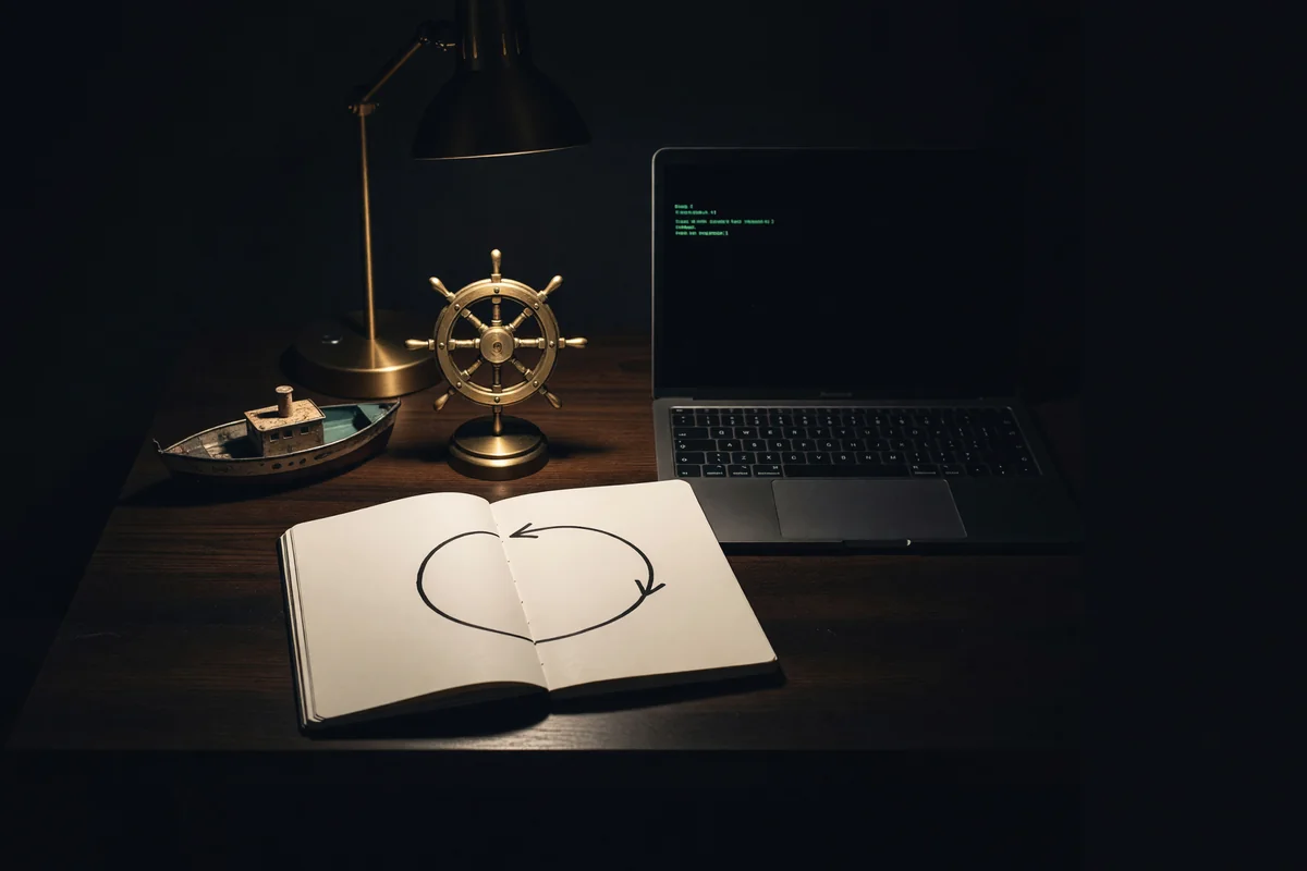A small brass ship's wheel and a tin toy boat on a dark desk beside a laptop, a notebook open to one hand-drawn arrow that loops back on itself, lit by one warm lamp