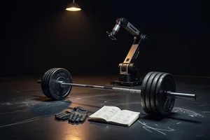 An empty gym at night under one warm lamp: a robotic lifting machine idle in the dark, and in front of it a barbell loaded heavier than the machine is built for, with worn gloves and an open notebook on the chalky floor