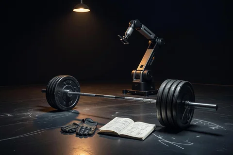 An empty gym at night under one warm lamp: a robotic lifting machine idle in the dark, and in front of it a barbell loaded heavier than the machine is built for, with worn gloves and an open notebook on the chalky floor