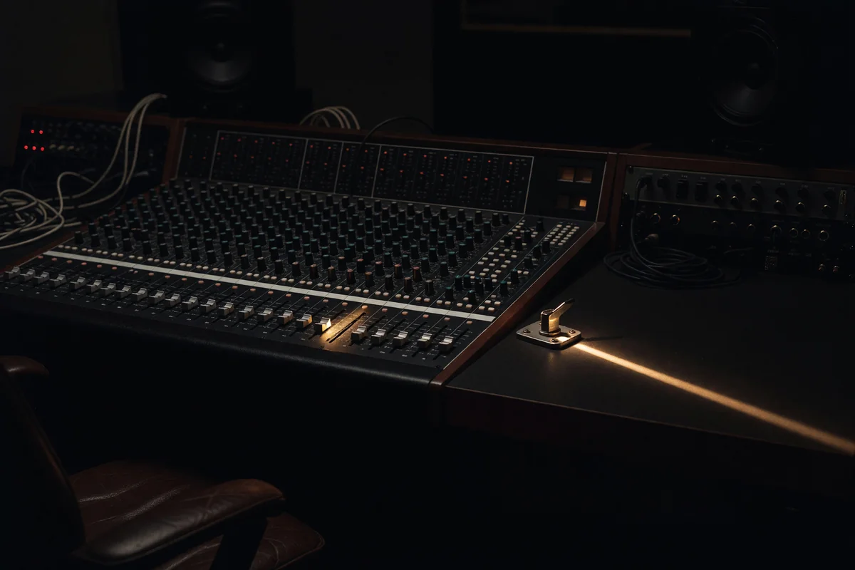 A dark studio at night: a mixing desk with one channel lit, and a small closed latch on the desk catching a warm light