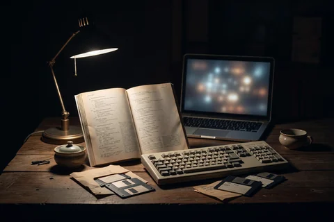 A kitchen table at night under one warm lamp: an open computer magazine propped against a sugar bowl, a beige 1980s keyboard, floppy disks spilling from a mailer, and a modern laptop glowing behind them